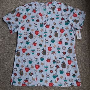 White Cross Festive Holiday Print Scrub Top